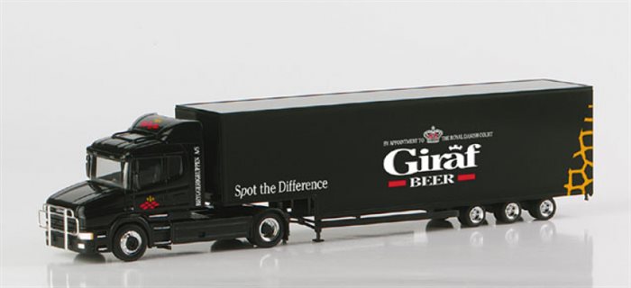 Herpa 148573 Scania Hauber Jumbokoffer-Sattelzug "Giraf-Beer"