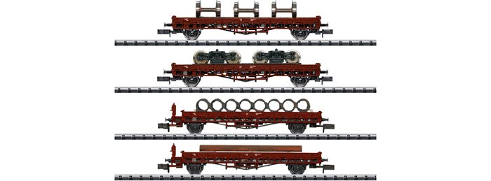 MiniTrix 18707 4-teiliges Set, Flachwagen beladen mit Rollmaterial, Spur N, MHI